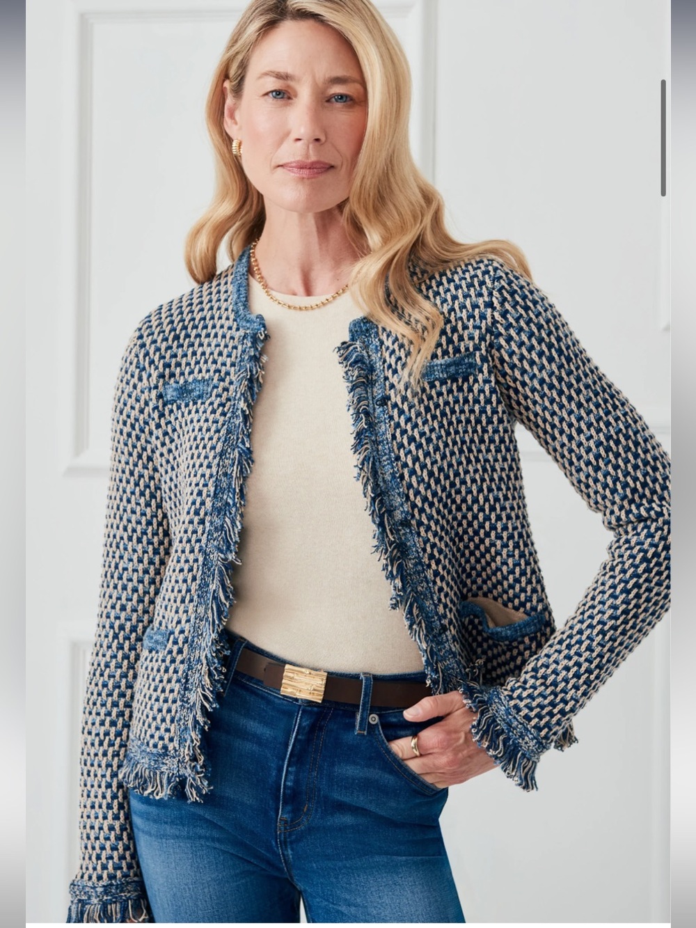 J. McLaughlin “Marceline” Blue and Cream Fringed Tweed Open Sweater/Jacket